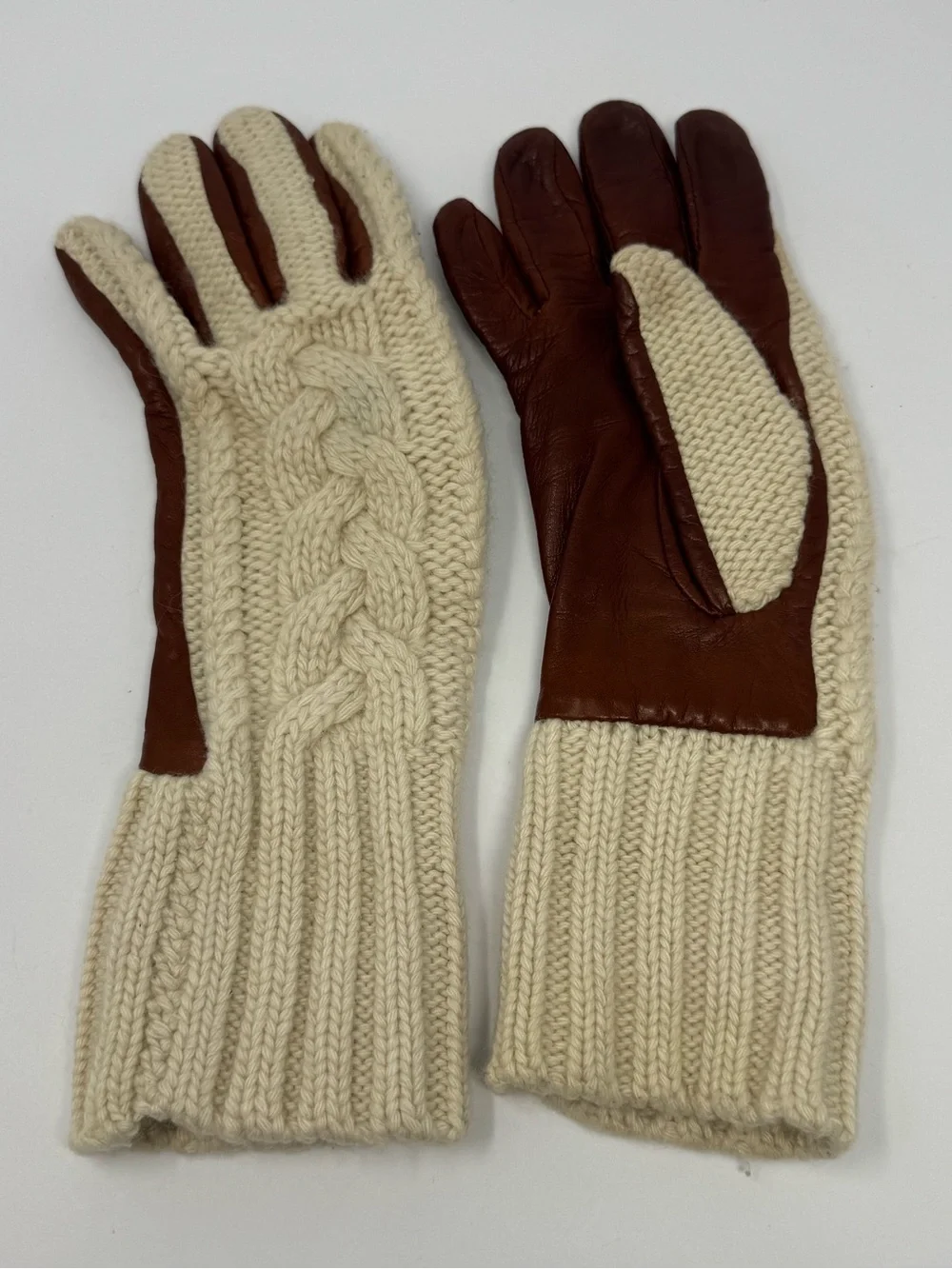 VTG 90s/Y2K Grandoe 100% Cashmere Knit Back Leather Palms Gloves Brown Cream S/M